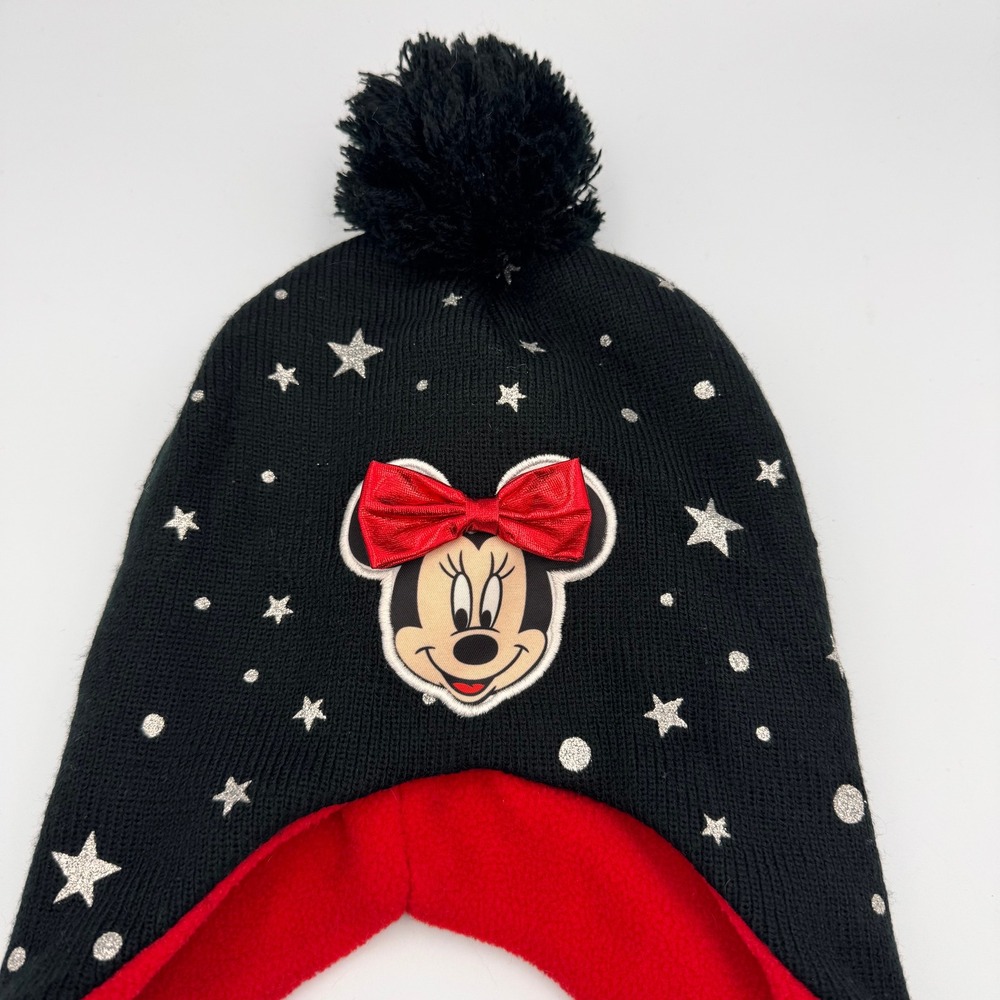 Kids Girls Disney Minnie Mouse Winter Beanie Hat Black Red Stars Pom Pom Braids - Picture 3 of 9